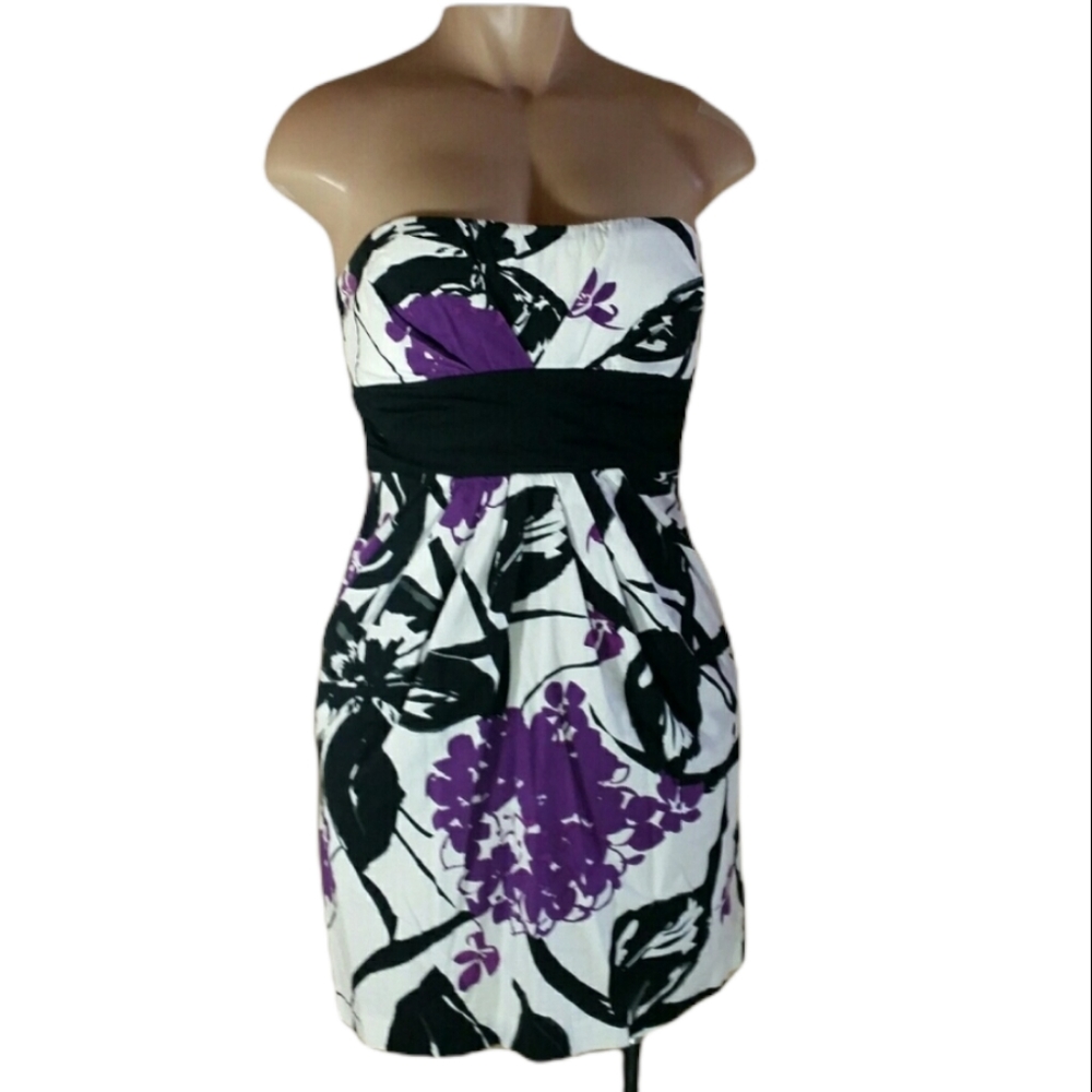 Purple White Black Pleated Strapless Dress pocket
